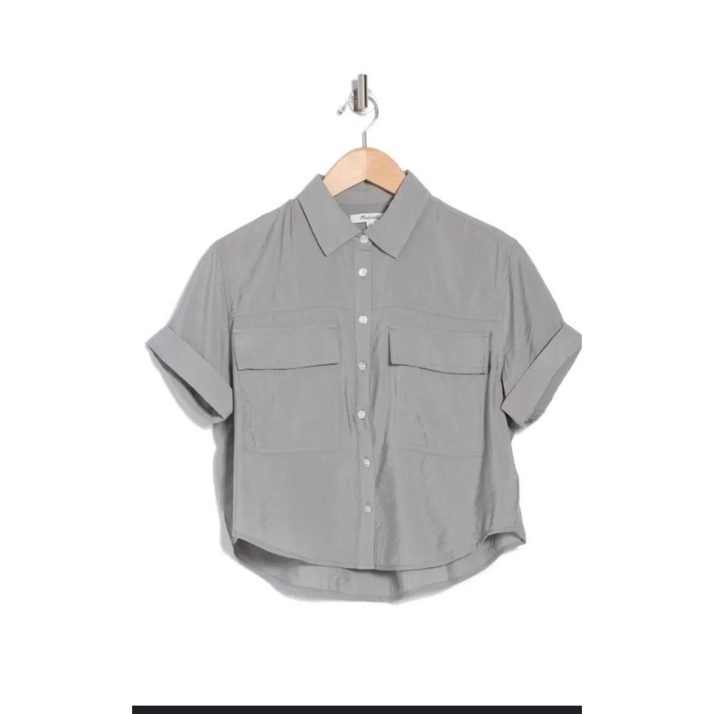 Madewell Central Drapey Shirt L Gray Short Sleeve Boxy Button Front Top - Picture 1 of 8